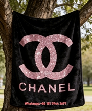 Chanel Pink Glitter CC Logo Black Flannel Throw Blanket IMG_6672